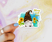 Load image into Gallery viewer, Leopard Gnome Sunflower Sticker, Gnome Sticker, Gnome Bloom and Grown Sticker, Laptops, Cars, Water Bottles, Gift for Gnome Lovers, Gnomes Gift