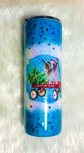 Christmas Goats in Wagon Holographic Glitter Tumbler Cup Double Wall Stainless Steel