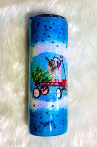 Christmas Goats in Wagon Holographic Glitter Tumbler Cup Double Wall Stainless Steel