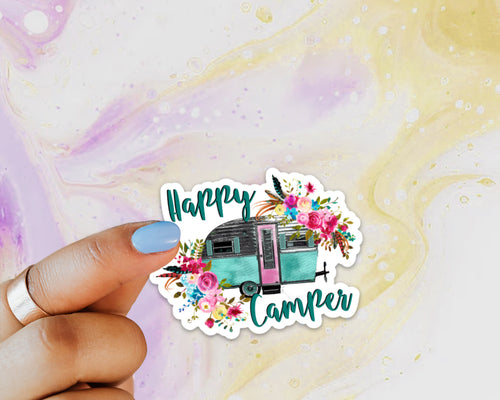 Happy Camper Sticker, Laptop Sticker, Water Bottle Sticker, Retro Camper, Camping, Tumbler Sticker, RV, Travel Sticker, Floral Camper