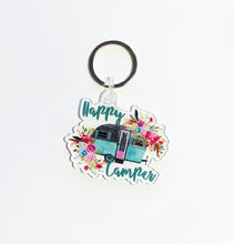 Load image into Gallery viewer, Happy Camper Keychain, Camping, RV, Key Ring, 2.5 inches, Camper Key Ring, Camper, Retro Camper, Camper Gift, Floral Camper, Gift for Mom
