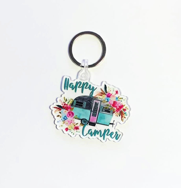 Happy Camper Keychain, Camping, RV, Key Ring, 2.5 inches, Camper Key Ring, Camper, Retro Camper, Camper Gift, Floral Camper, Gift for Mom