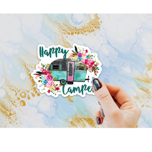 Happy Camper Sticker, Laptop Sticker, Water Bottle Sticker, Retro Camper, Camping, Tumbler Sticker, RV, Travel Sticker, Floral Camper