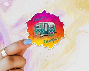 Happy Camper Cactus Sticker, Laptop Sticker, Water Bottle Sticker, Retro Camper, Camping, Tumbler Sticker, RV, Travel Sticker, Camp, Outdoors