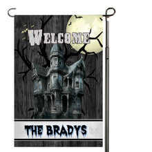 Load image into Gallery viewer, Spooky Haunted House Garden Flag, Personalized, Halloween Garden Flag, Autumn Garden Flag, Fall Decor, Fall Yard Decor, Halloween Decoration