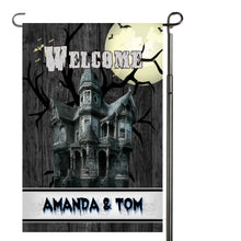 Load image into Gallery viewer, Spooky Haunted House Garden Flag, Personalized, Halloween Garden Flag, Autumn Garden Flag, Fall Decor, Fall Yard Decor, Halloween Decoration