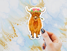 Load image into Gallery viewer, Highland Cow Floral Crown Sticker, Cow Sticker, Highland Cow, Sticker for Laptops, Water Bottles, Gift for Highland Cow Lovers, Cow Gift