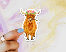 Load image into Gallery viewer, Highland Cow Floral Crown Sticker, Cow Sticker, Highland Cow, Sticker for Laptops, Water Bottles, Gift for Highland Cow Lovers, Cow Gift