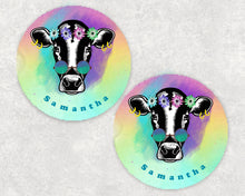 Load image into Gallery viewer, Hippie Cow Personalized Car Coasters, Cow Coaster, Cow, Cows, Boho Gift, Name Coasters, Personalized Coaster, Sandstone Coasters, Set of 2