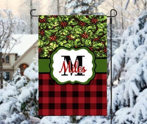 Holly Plaid Garden Flag, Personalized Garden Flag, Christmas Garden Flag, Monogram Name, Family Gift, Custom Garden Flag, Christmas Decor