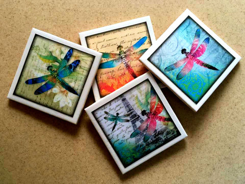 Dragonflies in Paris Coaster Set - Coasters - Free U.S. Shipping - Dragonflies - Dragonfly - Ceramic Tile - Couples Gift - Set of 4