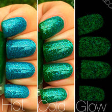 Load image into Gallery viewer, Mermaid Blue to Green Color Changing and Glow in the Dark Nail Polish - FREE U.S. SHIPPING - Glows Green - Mood Nail Polish