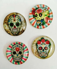 Load image into Gallery viewer, Magnets - Sugar Skulls - Day of the Dead - Skull - Skeletons - Set of 4 - Free U.S. Shipping - 1 Inch Domed Glass Circles