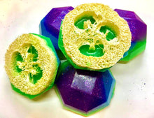 Load image into Gallery viewer, Mermaid Soap - Loofah Soap - Loofa - Mandarin Plum Scented - Under the Sea Favors - FREE U.S. SHIPPING - Purple, Green, Blue Soap