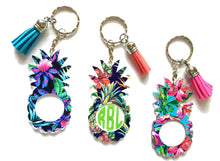 Load image into Gallery viewer, Pineapple Personalized Monogram Keychain Key Ring Acrylic Vinyl - Tropical, Beach, Pineapple - 3&quot; - You Choose Pattern, Name and Text Color