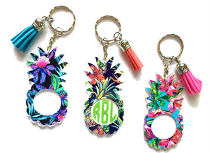 Pineapple Personalized Monogram Keychain Key Ring Acrylic Vinyl - Tropical, Beach, Pineapple - 3" - You Choose Pattern, Name and Text Color