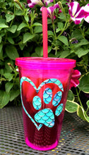 Load image into Gallery viewer, Paw Print Heart Decal on Double Wall Plastic Tumbler with Lid and Straw - Dog, Cat - Vet Gift - You Choose Color - Dog Cat Lover - 16 oz