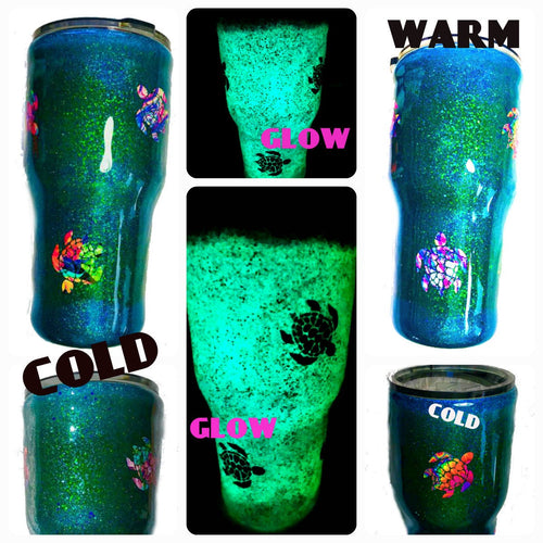 Sea Turtle Thermal Glow in the Dark Tumbler - Color Changing Blue to Green - Holographic Glitter Coated Insulated - Ocean - Beach - 30 oz