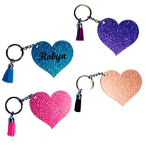 Load image into Gallery viewer, Heart Personalized Name Glitter Vinyl Acrylic Keychain Key Ring - Includes Tassel - 3&quot; - Choose Color and Name - Gift for Girl, Daughter