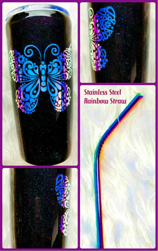 Holographic Glitter Butterfly Tumbler Cup Stainless Steel with Straw - Insulated - Gift for Mom, Woman, Secret Santa - 20 oz - FREE SHIPPING