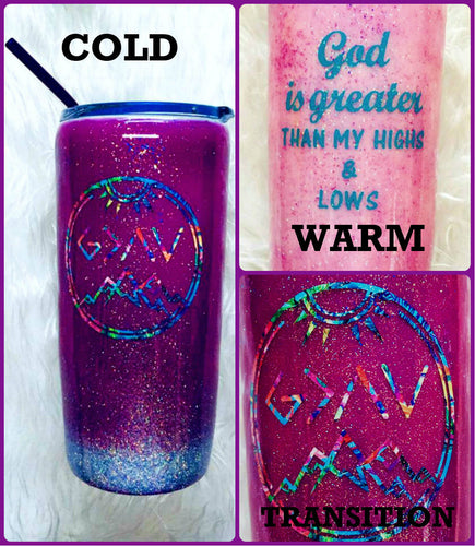 God is Greater than My Highs and Lows Thermal Color Changing Tumbler - Purple/White - Holographic Glitter - Christian - Insulated - 20 oz