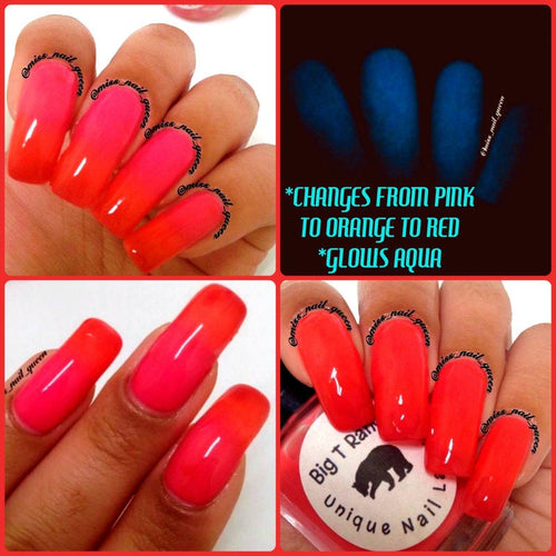 Color Changing Thermal Nail Polish - Ombre Pink to Orange to Red - Glows Aqua - Mood Polish - 