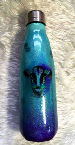 Cow Holographic Glitter  Thermal Bottle - Peace, Love, Cows - Mint and Purple - Retro Flowers - 17 oz - Insulated - Stainless Steel