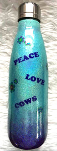 Cow Holographic Glitter  Thermal Bottle - Peace, Love, Cows - Mint and Purple - Retro Flowers - 17 oz - Insulated - Stainless Steel