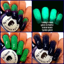 Load image into Gallery viewer, Color Changing Thermal Glitter Nail Polish - Ombre Green/Purple/Blue-Black - Glows Green - &quot;Peak 8&quot;- Gift for Her - Mood Nail Polish