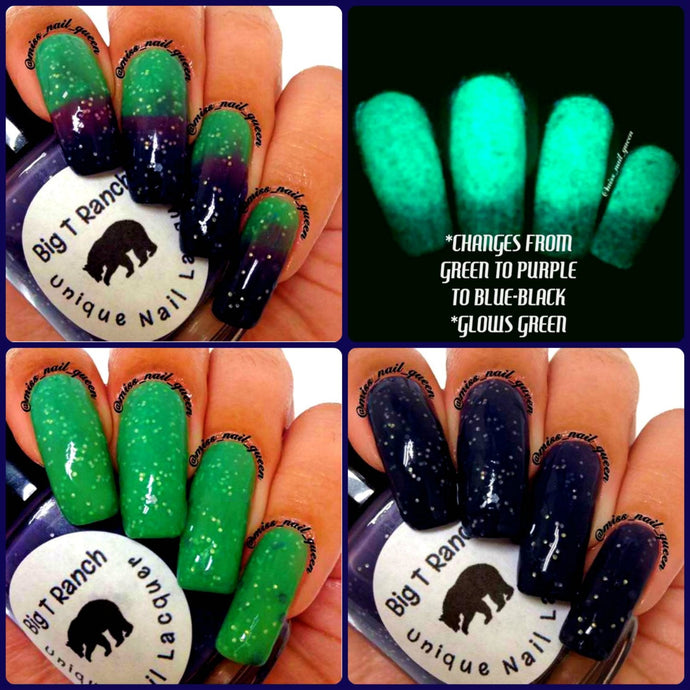 Color Changing Thermal Glitter Nail Polish - Ombre Green/Purple/Blue-Black - Glows Green - 