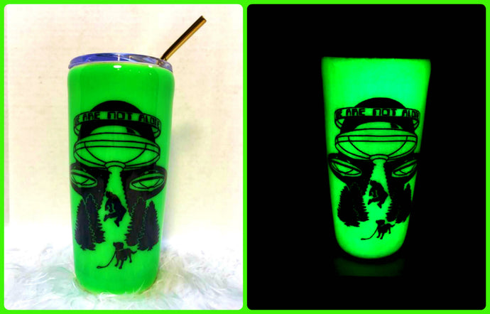 Alien UFO Glow in the Dark Green Tumbler Cup Stainless Steel with Straw - Insulated - Optional UV Flashlight - 20 oz - Teen Gift - Space