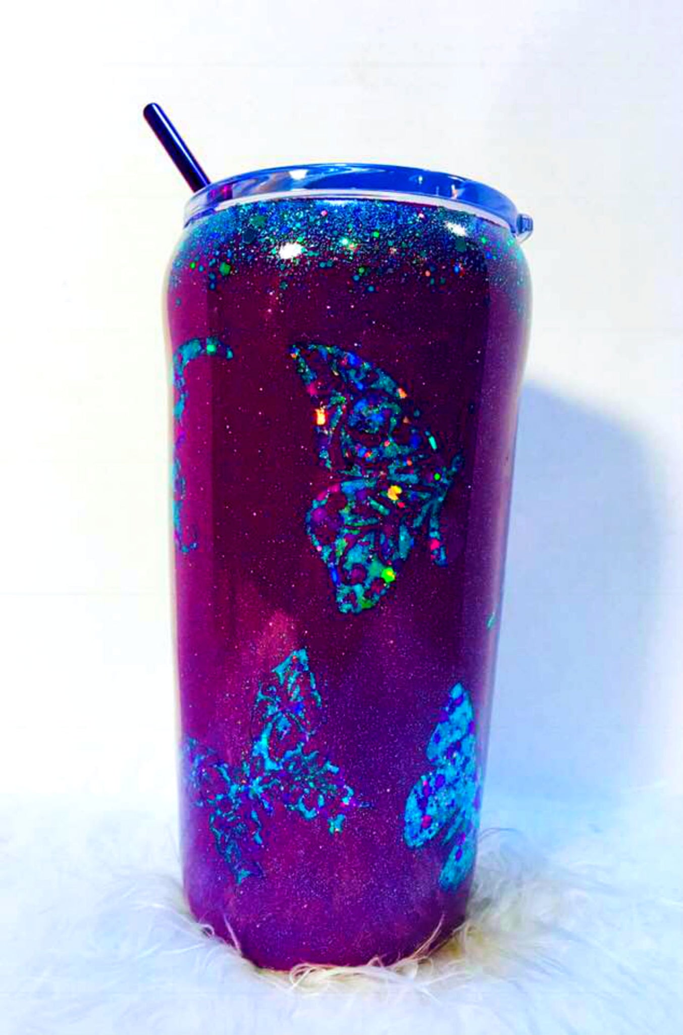 Butterfly Tumbler Holographic Teal and Purple Glitter Cup