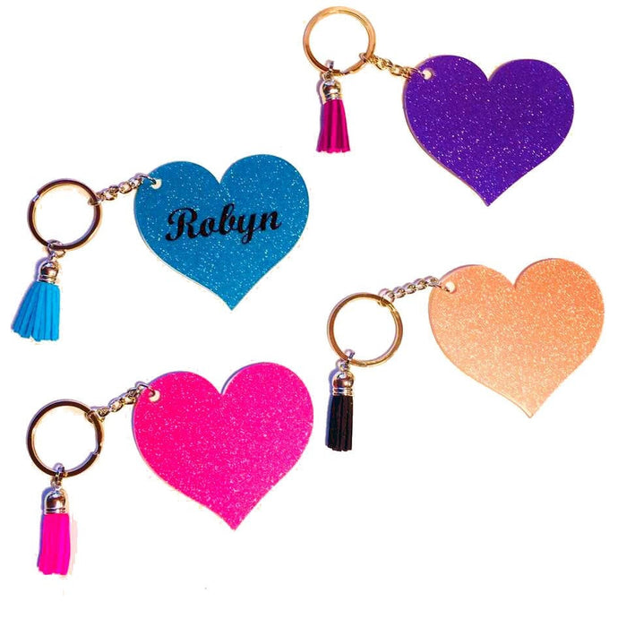 Heart Personalized Name Glitter Vinyl Acrylic Keychain Key Ring - Includes Tassel - 3
