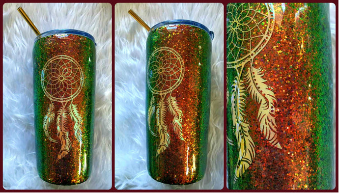 Dream Catcher Holographic Color Shifting Rust Brown Green Glitter Tumbler Cup Stainless Steel with Straw - Insulated - 20 oz