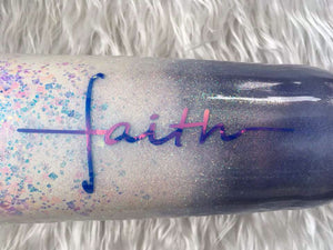 Faith Cross Holographic Glitter Tumbler - White, Purple, Blue - Christian, God, Believer Gift, Faith Tumbler - Faith Cup - Insulated - 20 oz