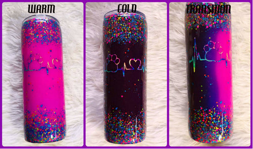 Pawprint Heartbeat Thermal Glittered Color Changing Thermal Tumbler with Lid - Purple/Pink - Dog - Cat - Vet - Insulated - 20 oz