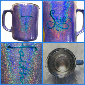 Faith Personalized Holographic Coffee Mug with Lid and Handle - Stainless Steel - Purple - 14 oz - Gift for Mom, Pastor - FREE SHIPPING