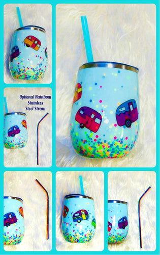 Stemless Wine Tumbler Stainless Steel with Lid - Happy Camper - Retro Camper - RV - Camping - Camp Cup - Traveling - Mom Gift- FREE SHIPPING