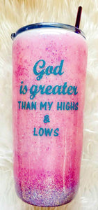 God is Greater than My Highs and Lows Thermal Color Changing Tumbler - Purple/White - Holographic Glitter - Christian - Insulated - 20 oz
