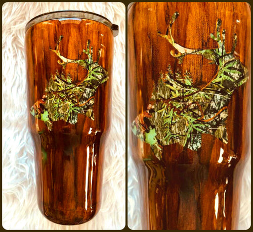 Buck Deer Fish Camo Wood Grain Tumbler - Hunter, Fishing, Hunting - Gift for Man, Dad, Outdoorsman, Men - Father's Day, Insulated, 30 oz