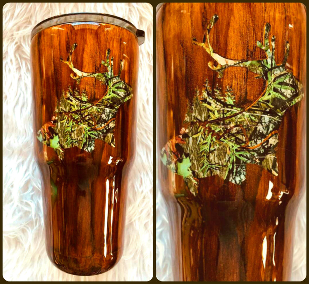 Buck Deer Fish Camo Wood Grain Tumbler - Hunter, Fishing, Hunting - Gift for Man, Dad, Outdoorsman, Men - Father's Day, Insulated, 30 oz