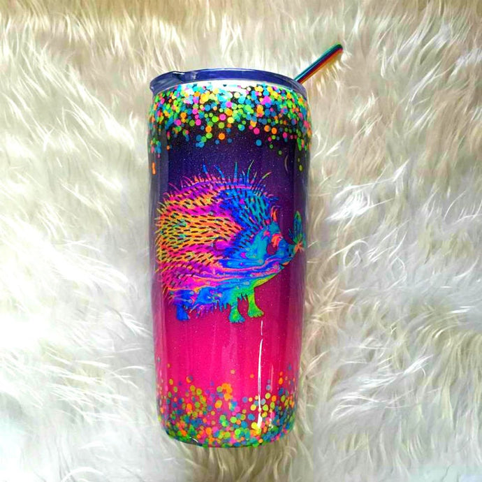 Hedgehog Thermal Glittered Color Changing Thermal Tumbler with Lid and Straw - Purple/Pink/Blue - Holographic Glitter - Insulated - 20 oz