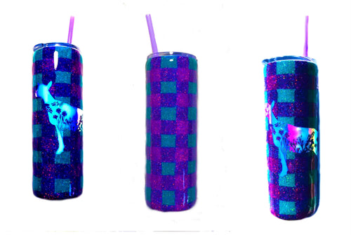 Buffalo Plaid Nigerian Dwarf Dairy Goat Flower Cutout Holographic Glitter Tumbler - Purple and Teal - Insulated - Gift for Mom - 20 oz