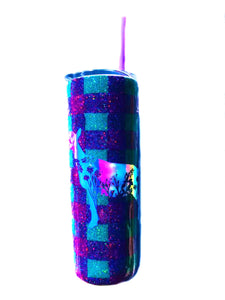 Buffalo Plaid Nigerian Dwarf Dairy Goat Flower Cutout Holographic Glitter Tumbler - Purple and Teal - Insulated - Gift for Mom - 20 oz