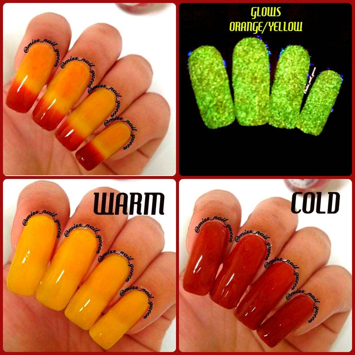 Color Changing Thermal Nail Polish - Ombre Red/Orange/Yellow - Glows Yellow/Orange - 