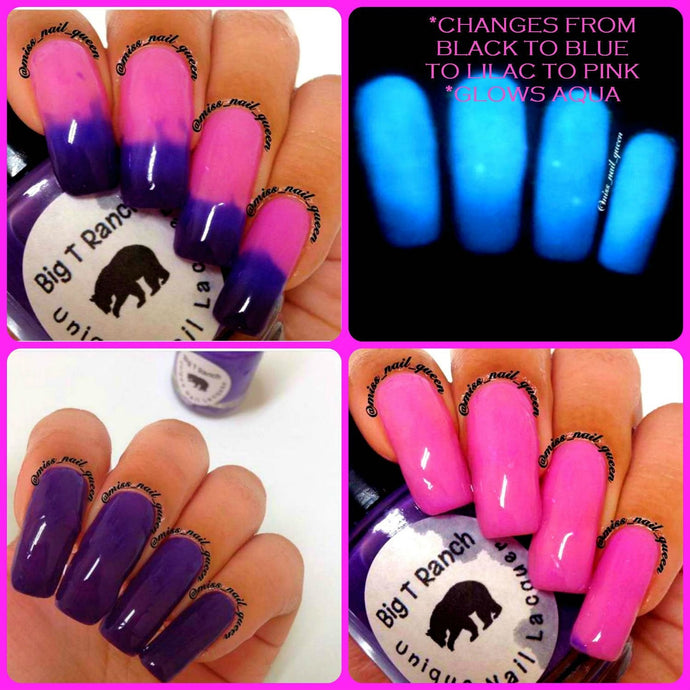 Color Changing Thermal Nail Polish - Ombre Pink/Lilac/Blue/Black- Glows Aqua - 