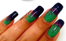 Load image into Gallery viewer, Color Changing Thermal Glitter Nail Polish - Ombre Green/Purple/Blue-Black - Glows Green - &quot;Peak 8&quot;- Gift for Her - Mood Nail Polish