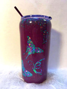 Butterfly Tumbler Holographic Teal and Purple Glitter Cup Stainless Steel with Straw - Insulated - Gift for Woman - 20 oz - FREE SHIPPING