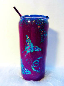 Butterfly Tumbler Holographic Teal and Purple Glitter Cup Stainless Steel with Straw - Insulated - Gift for Woman - 20 oz - FREE SHIPPING