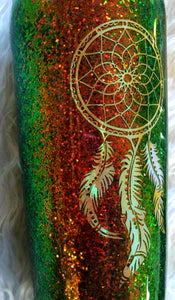 Dream Catcher Holographic Color Shifting Rust Brown Green Glitter Tumbler Cup Stainless Steel with Straw - Insulated - 20 oz